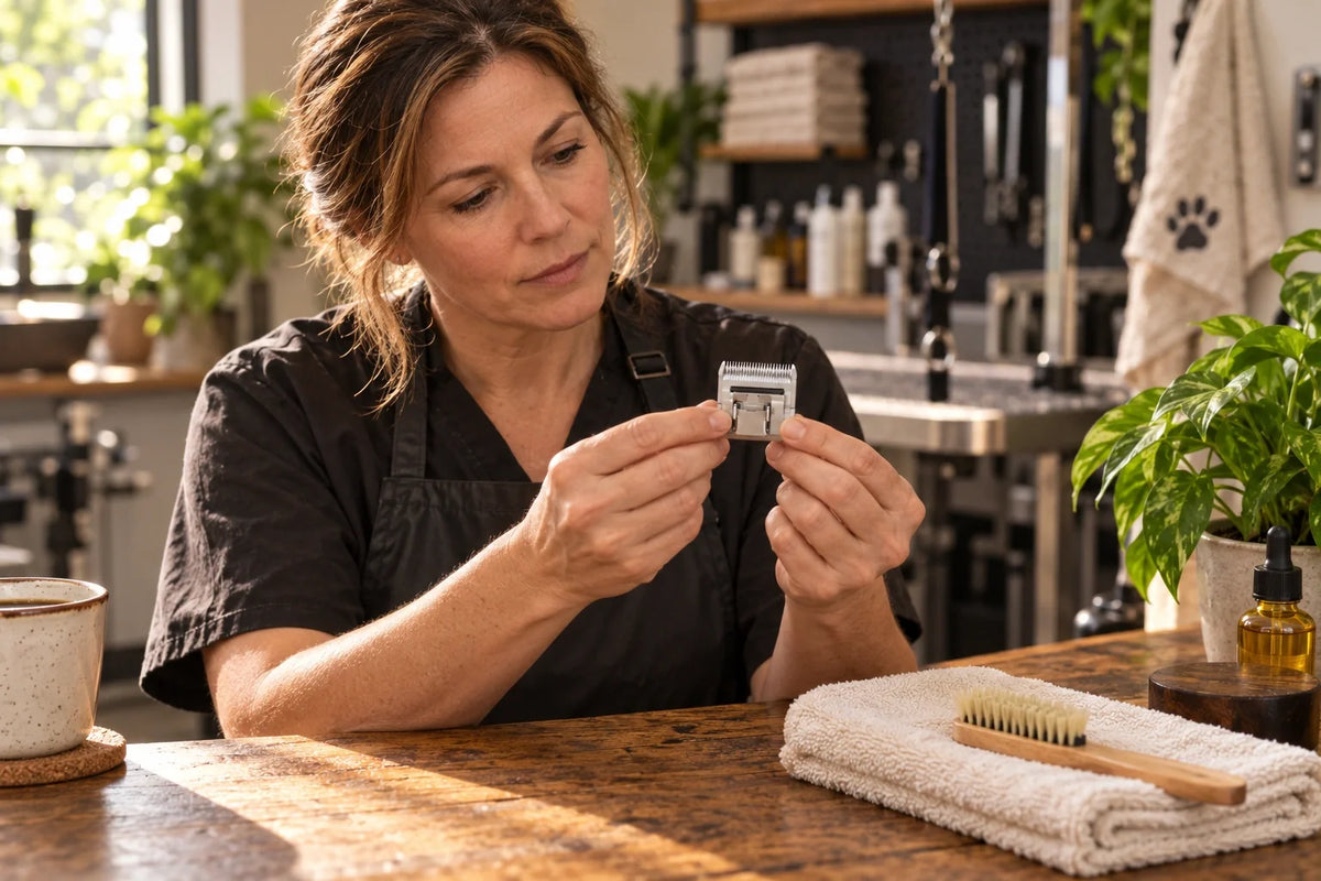 Groomer inspecting a detached blade at a workbench before investigating an uneven finish.