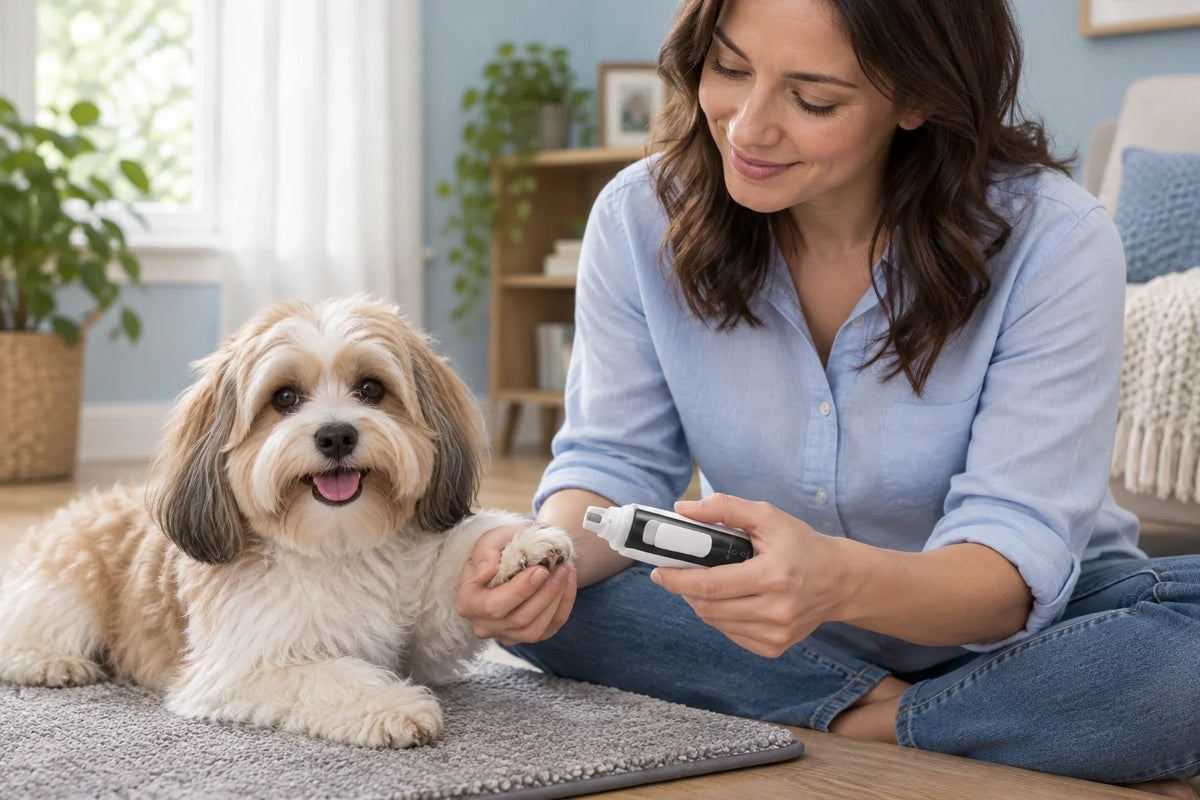 A pet parent holds the VUNRO PRO nail grinder beside a gently supported Havanese paw.