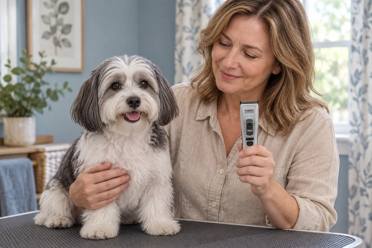 A pet parent holds the VUNRO PRO trimmer beside a Havanese before preparing the haircut setup.