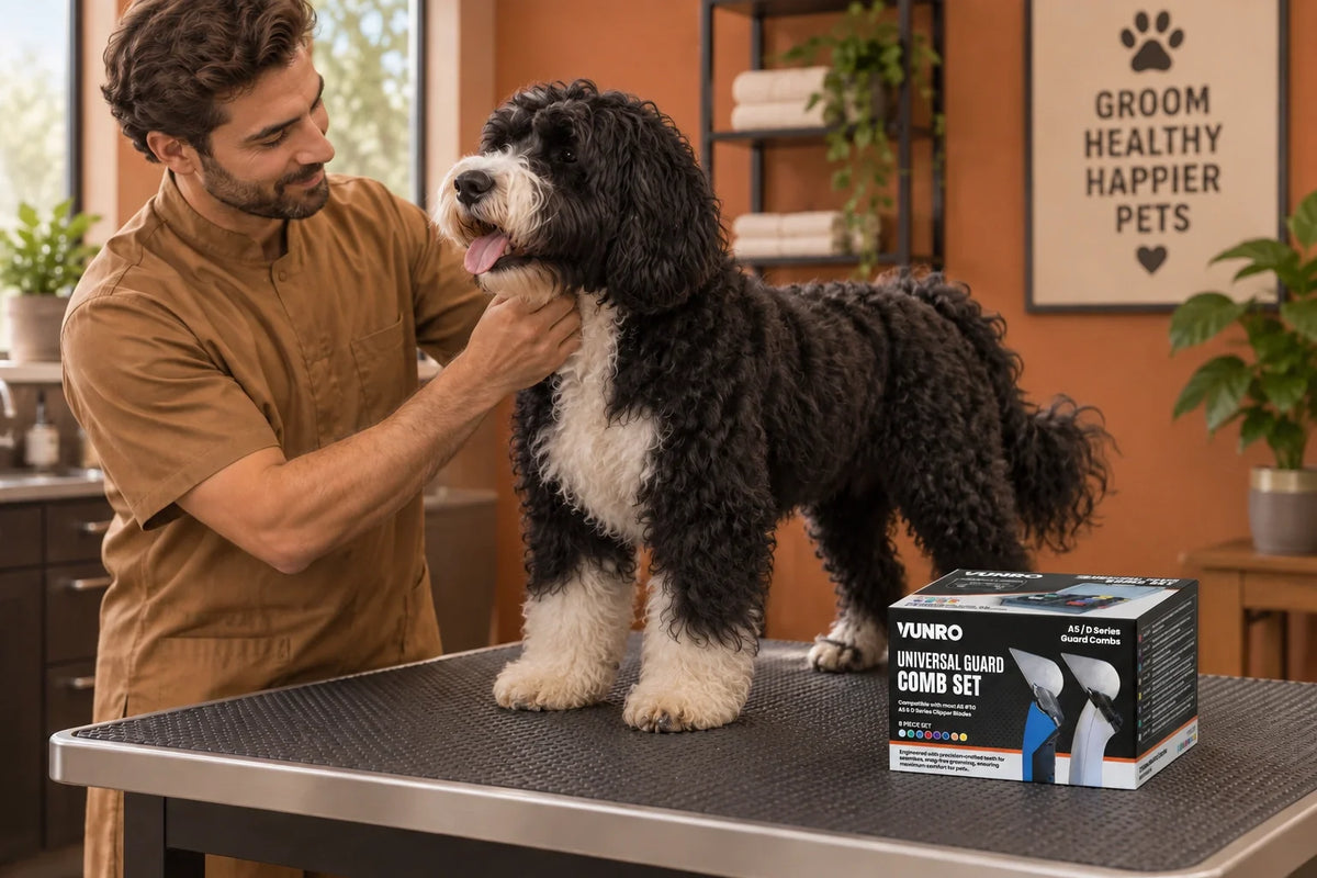 Professional groomer assessing a black-and-white dog on a grooming table beside the VUNRO guard-comb carton