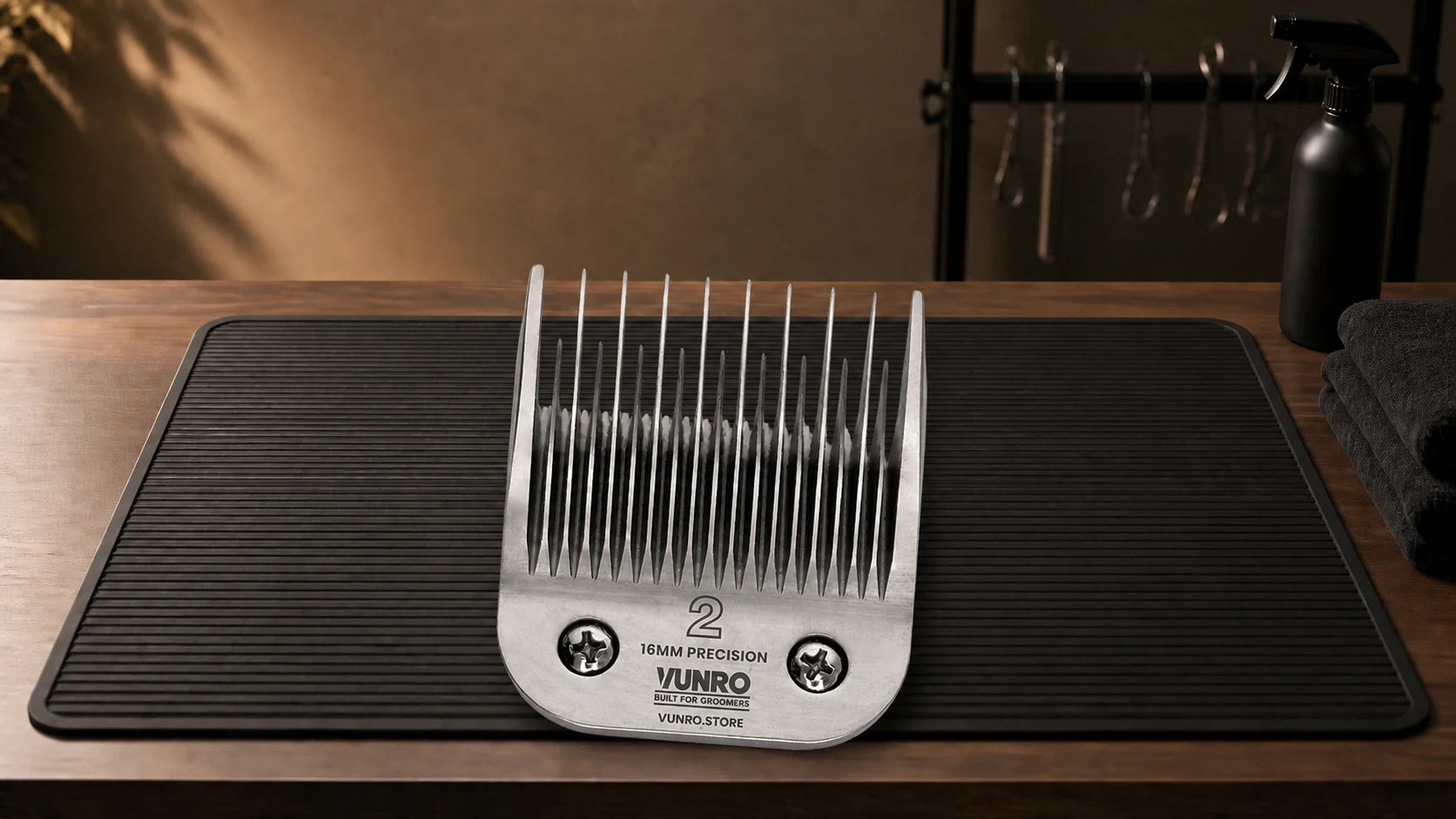 #2 Ceramic Skip Tooth Dog Clipper Blade (16mm) resting naturally on the VUNRO grooming workbench