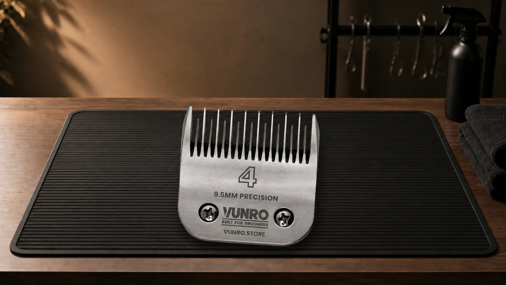 #4 Ceramic Skip Tooth Dog Clipper Blade (9.5mm) resting naturally on the VUNRO grooming workbench